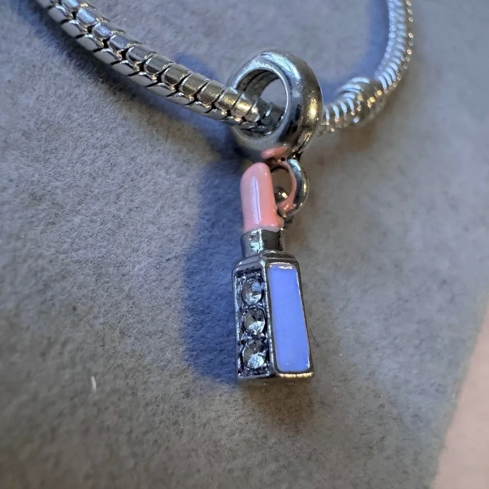 Lipstick Charm Bead Dangle Pink Blue Enamel Crystal Silver Tone Bracelet